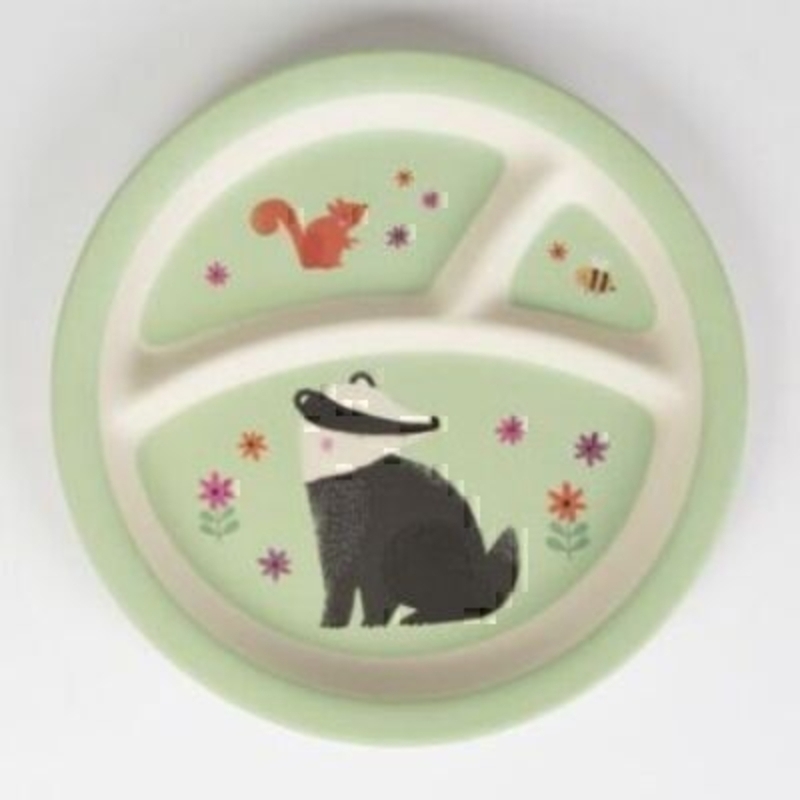 Woodland Friends Childrens Separated Plate by Sass and Belle. In gender natural green with a picture of badger, squirrel and bee this plate is a great gift for a boy or girl.  Melamine childrens plate with 3 separators. It has a lovely matt finish and 
